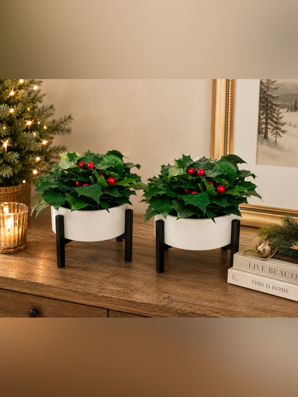 2 Threshold Faux Holly Berry Christmas Planter White Black Stand Holiday Decor